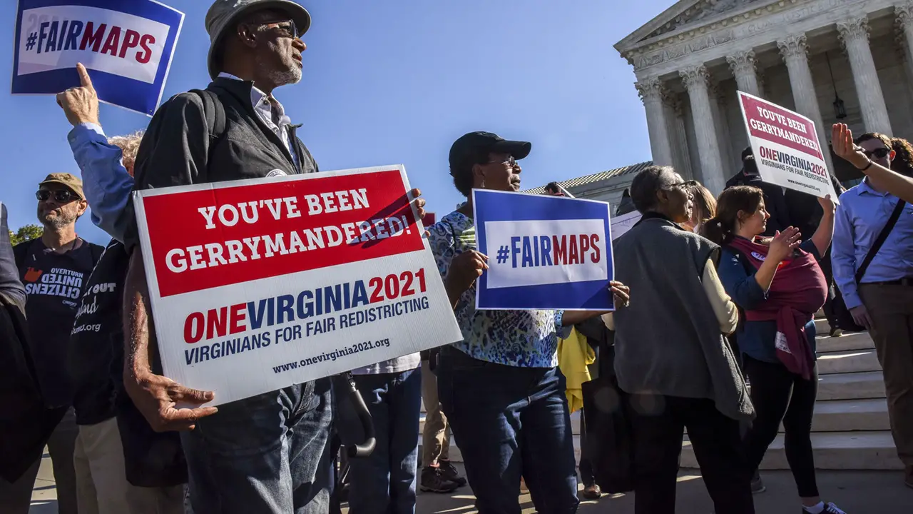 rincipals and protestors in front of the Supreme Court while the Justices hear arguments on gerrymandering, in Washington, DC.