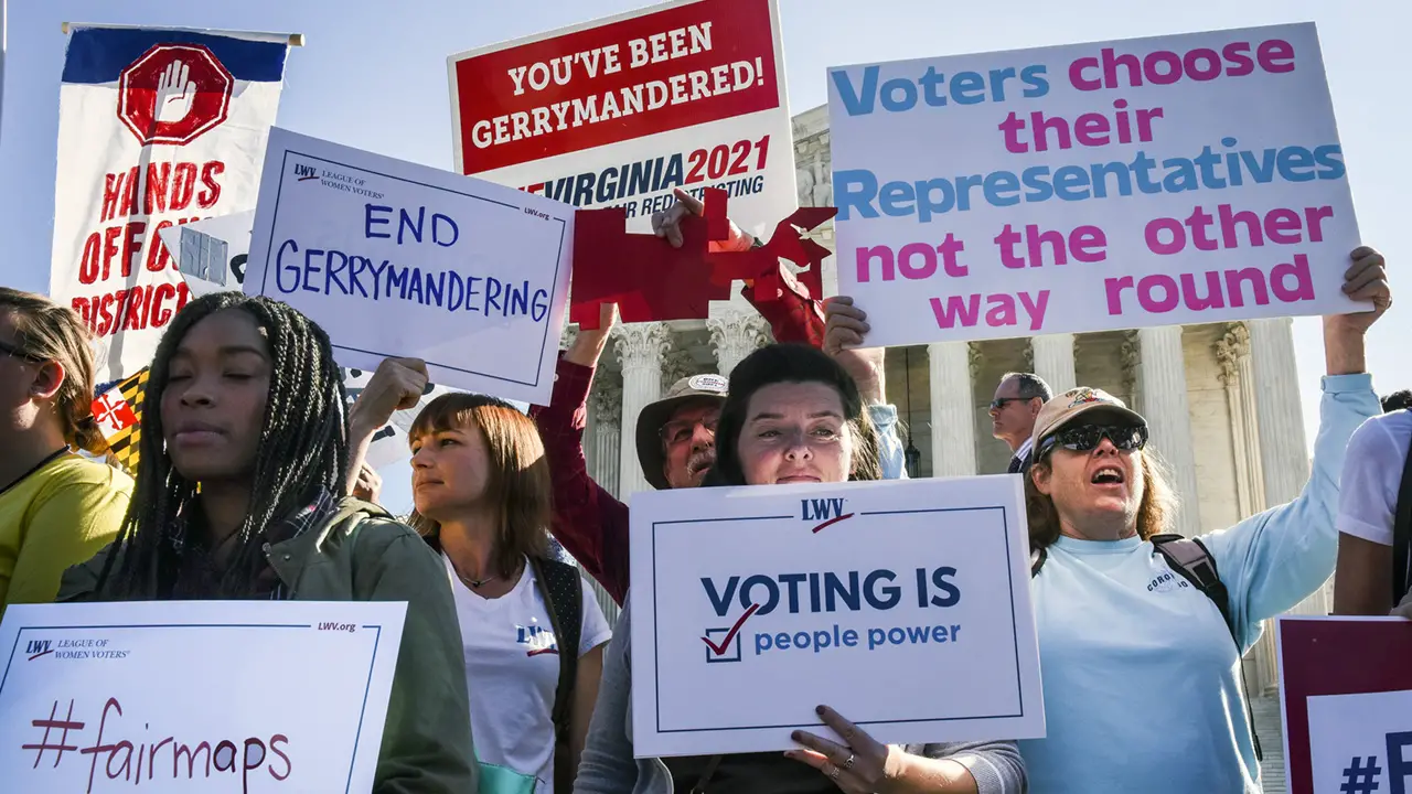 Principals and protestors in front of the Supreme Court while the Justices hear arguments on gerrymandering