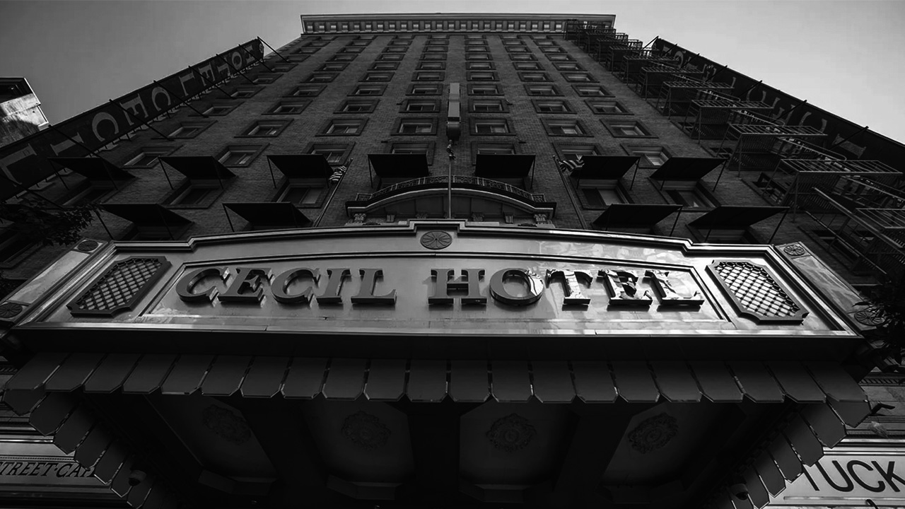 Looking up the Cecil Hotel from the bottom