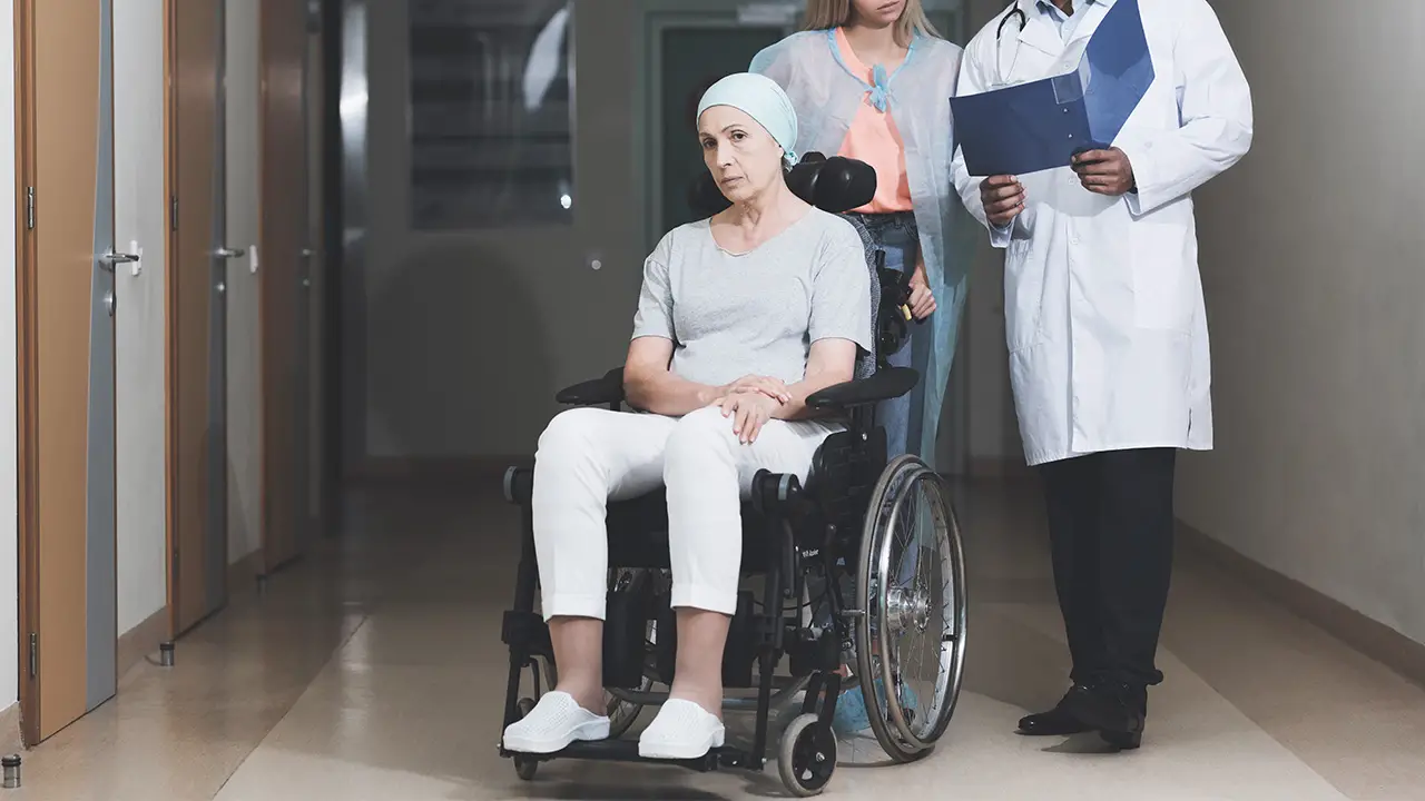 A cancer patient in a wheel chair