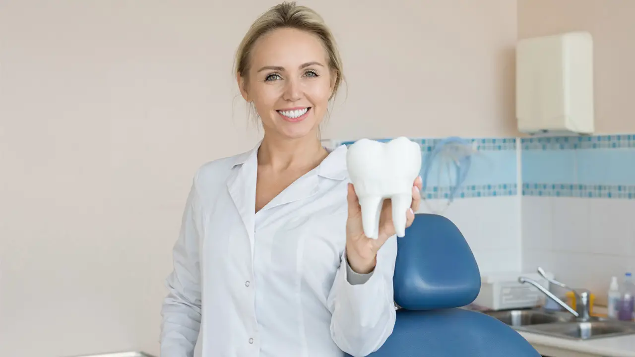 Pretty female dentist holding tooth model