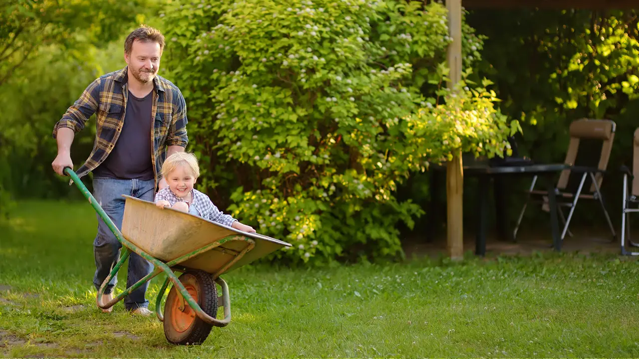 Son being pushed in wheelbarrow by father outside